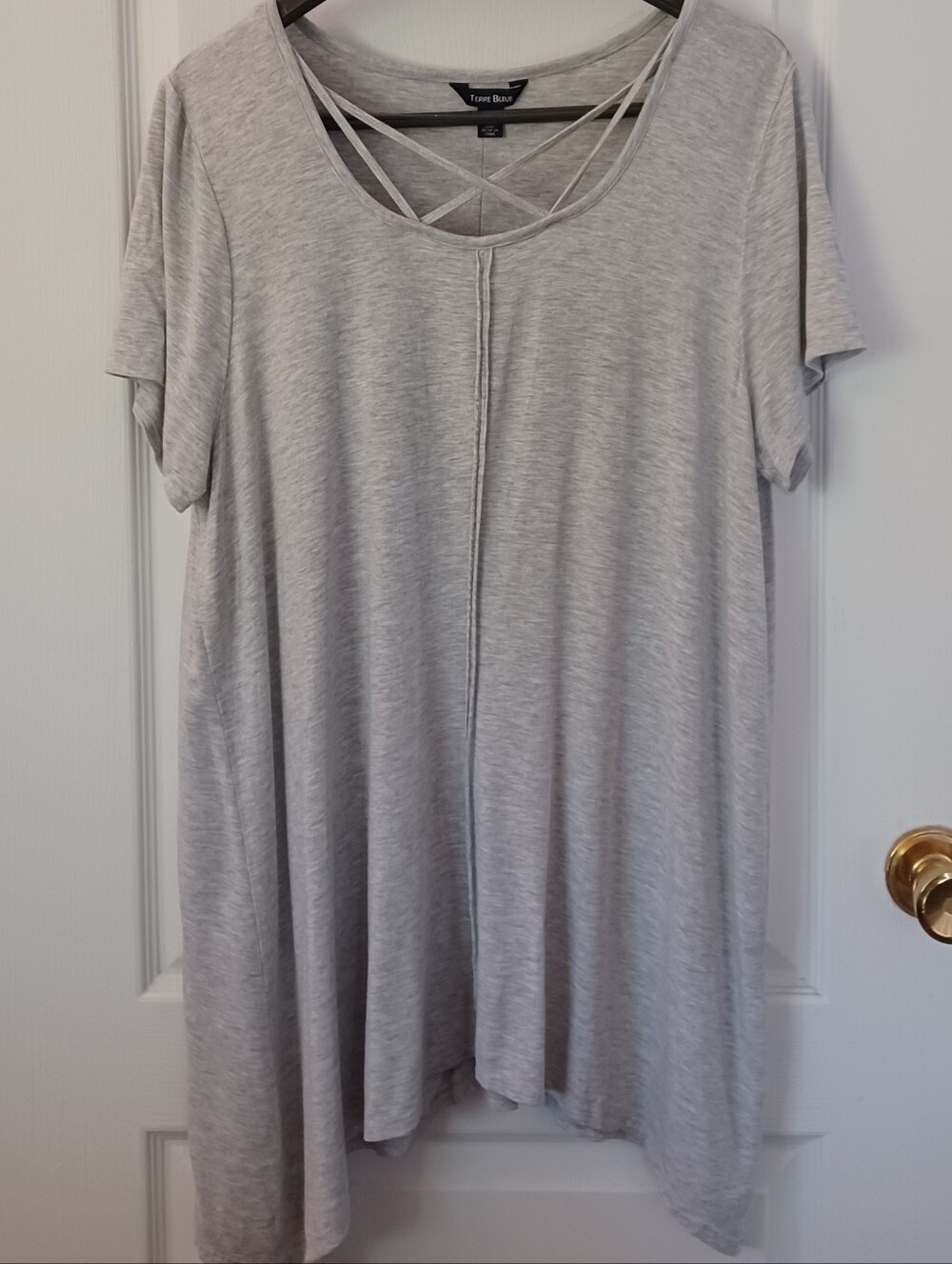 TERRE BLEUE X LARGE* HEATHER GRAY CASUAL TUNIC W/CAGED NECKLINE & SHARKBITE HEM